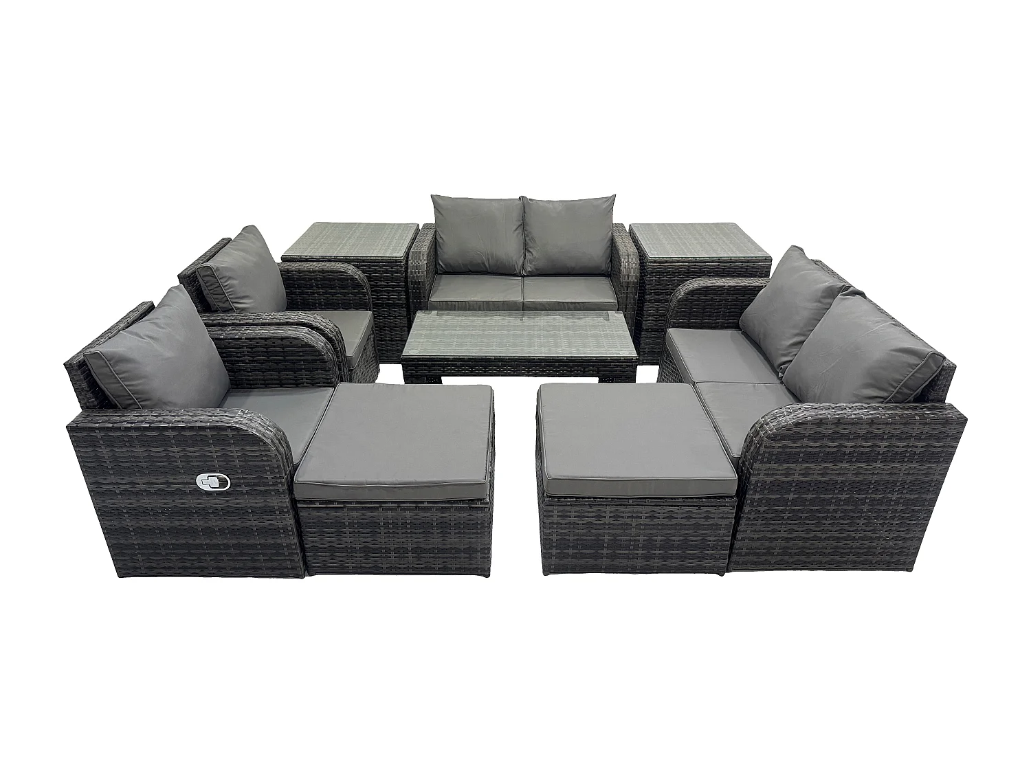 Fimous Rattan Lounge Sofa Set Outdoor Garden Furniture Set with Rectangular Coffee Table Love Sofa 2 Side Tables Dark Grey Mixed
