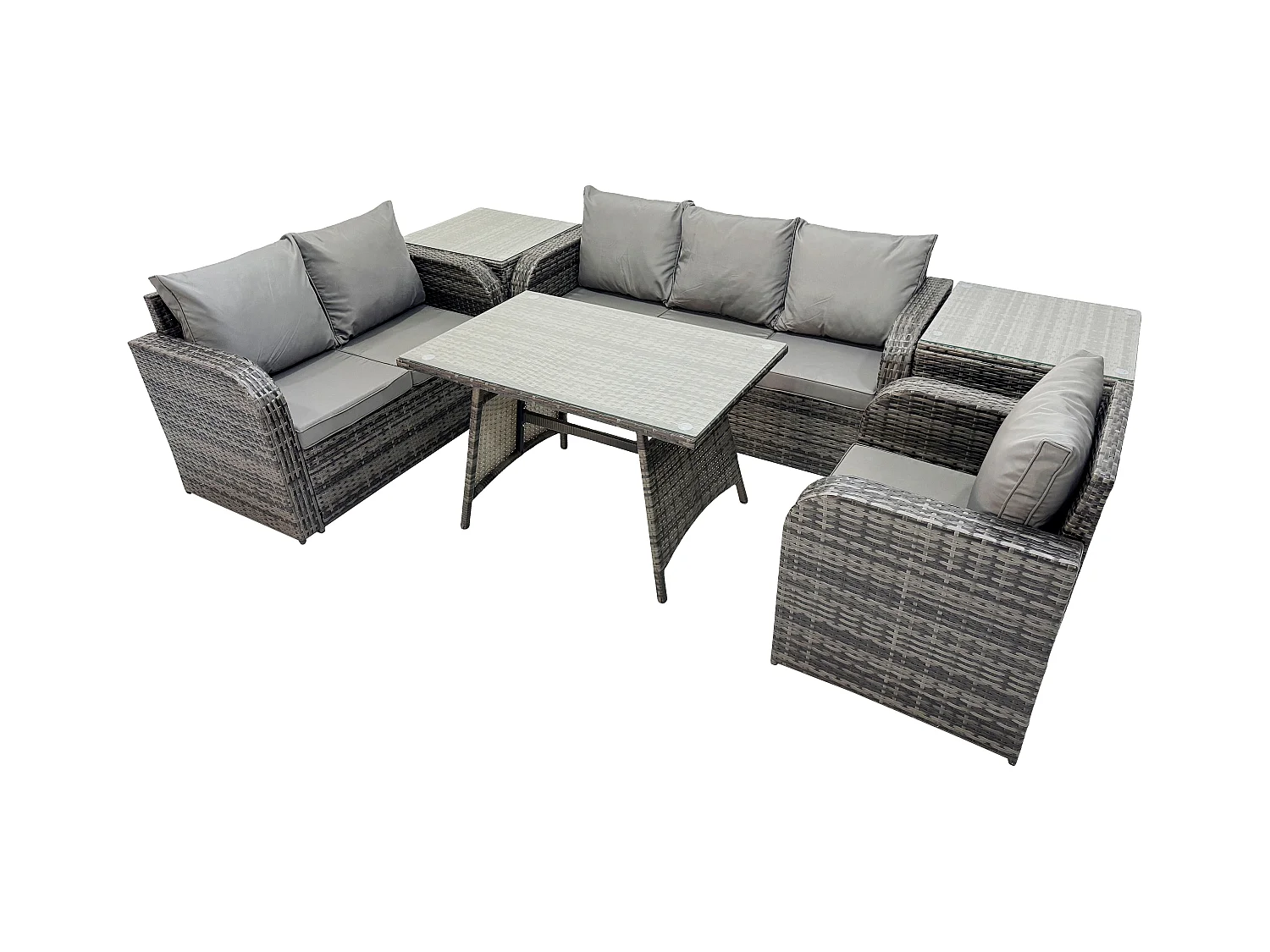 6 places Salon de jardin exterieur Ensemble de canapés en rotin avec Table à manger 2 Tables d'appoint Gris foncé mixte