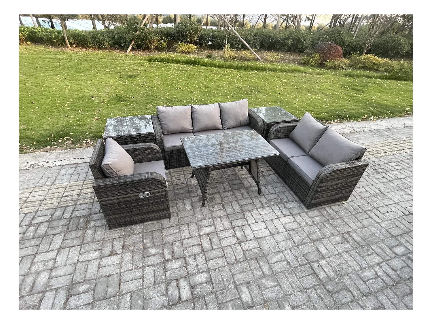 6 places Salon de jardin exterieur Ensemble de canapés en rotin avec Table à manger 2 Tables d'appoint Gris foncé mixte