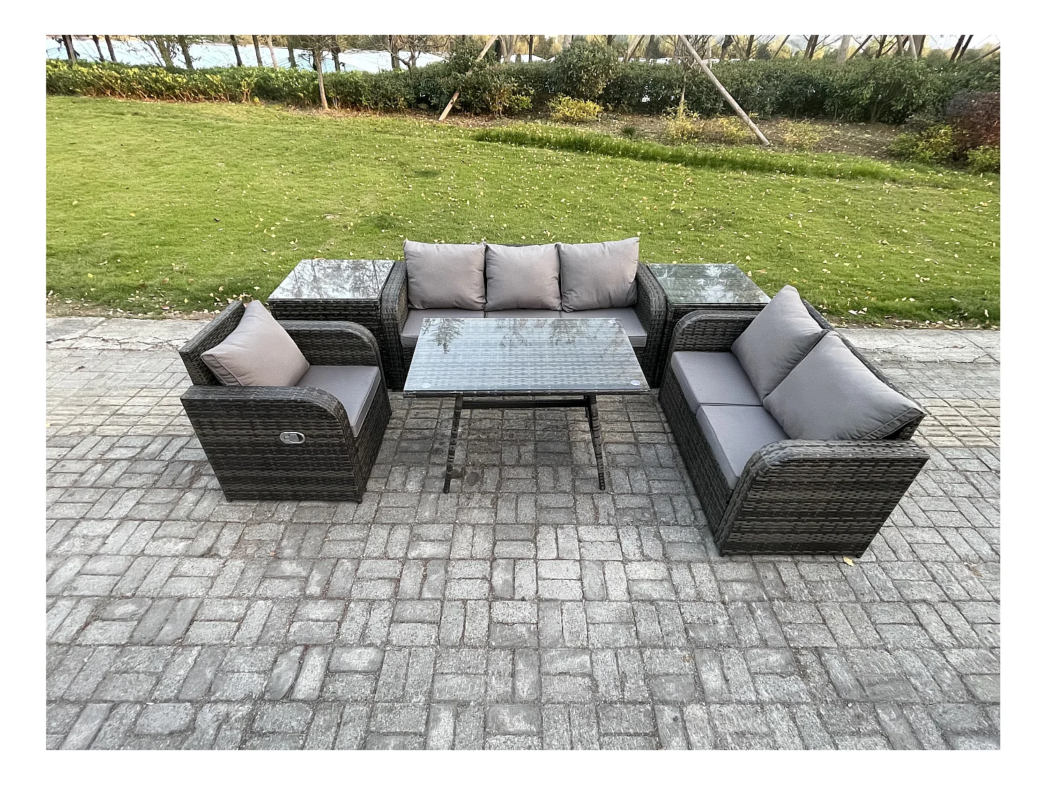 6 places Salon de jardin exterieur Ensemble de canapés en rotin avec Table à manger 2 Tables d'appoint Gris foncé mixte