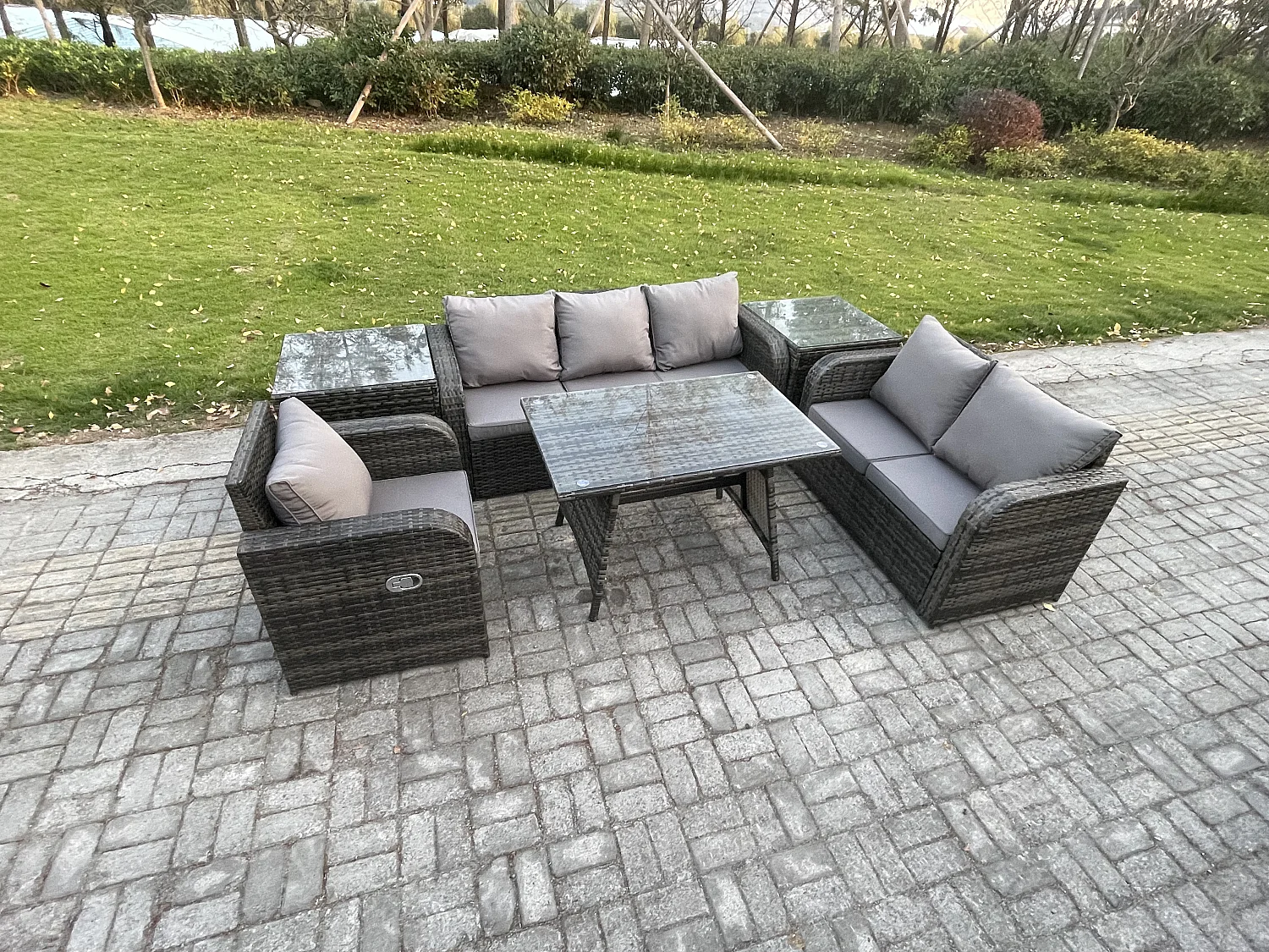 6-Sitzer Polyrattan Gartenmöbelset Garten Lounge Set mit Esstisch 2 Beistelltischen Dunkelgrau Gemischt