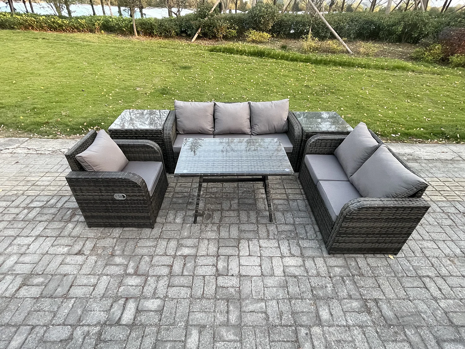 6-Sitzer Polyrattan Gartenmöbelset Garten Lounge Set mit Esstisch 2 Beistelltischen Dunkelgrau Gemischt