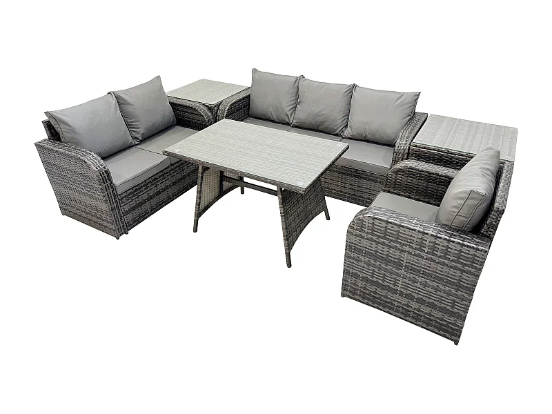 6-Sitzer Polyrattan Gartenmöbelset Garten Lounge Set mit Esstisch 2 Beistelltischen Dunkelgrau Gemischt