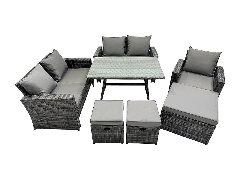 8-Sitzer Garten Esstisch Set Polyrattan Outdoor Möbel Sofa mit Rechteckiger Esstisch Doppelsitz Sofa Dunkelgrau Gemischt
