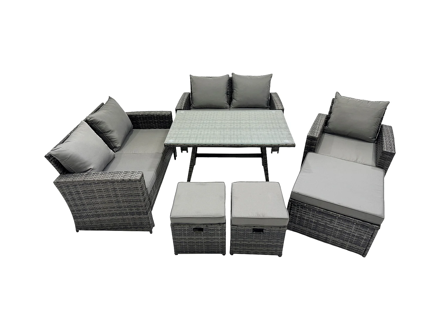 8-Sitzer Garten Esstisch Set Polyrattan Outdoor Möbel Sofa mit Rechteckiger Esstisch Doppelsitz Sofa Dunkelgrau Gemischt
