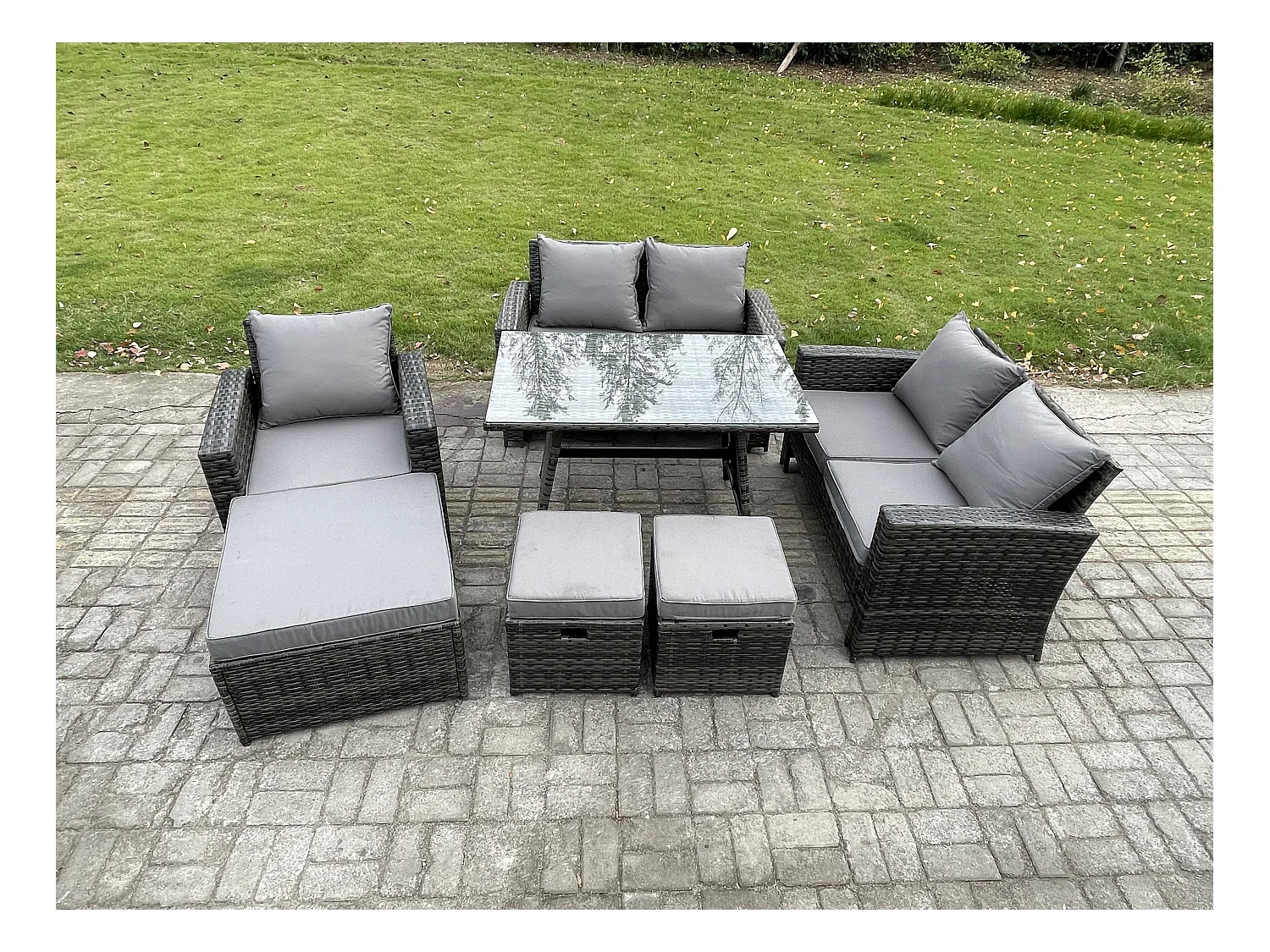 8-Sitzer Garten Esstisch Set Polyrattan Outdoor Möbel Sofa mit Rechteckiger Esstisch Doppelsitz Sofa Dunkelgrau Gemischt
