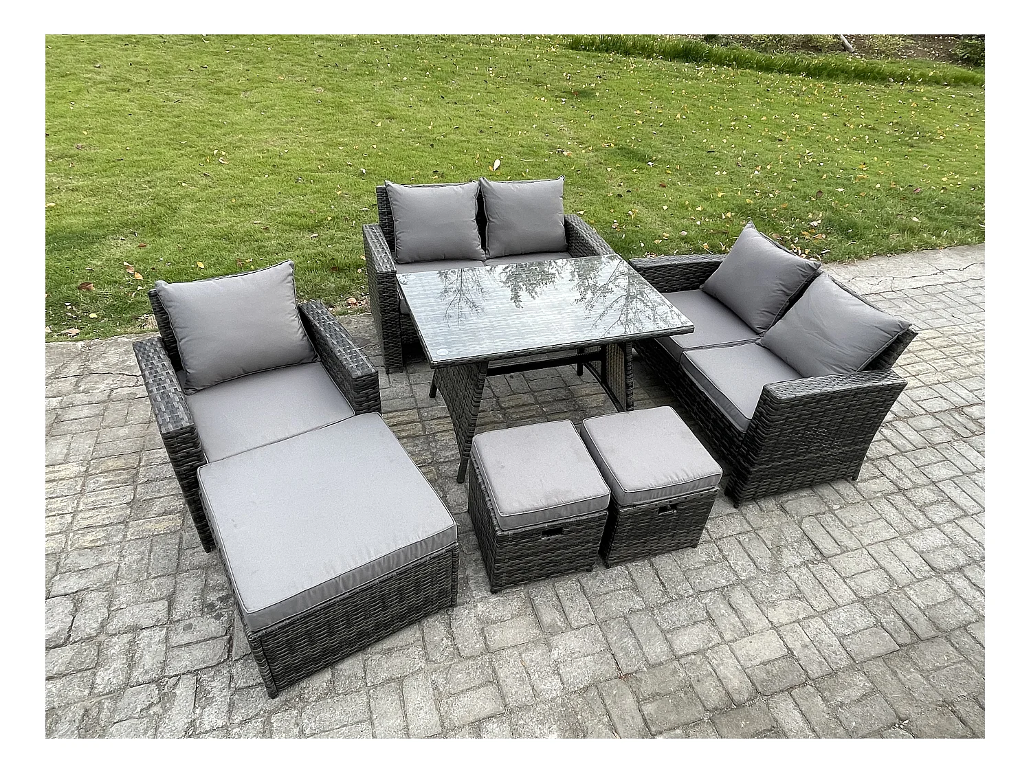 8-Sitzer Garten Esstisch Set Polyrattan Outdoor Möbel Sofa mit Rechteckiger Esstisch Doppelsitz Sofa Dunkelgrau Gemischt