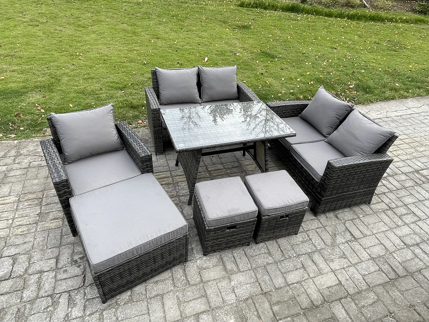 8 places Ensemble de canapé en rotin extérieur avec Table à manger rectangulaire Canapé à deux places Gris foncé mixte