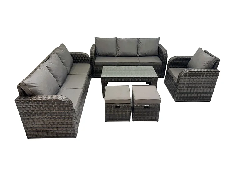 Rattan Gartenmöbel Set im Balkon 9-Sitzer Garten Sofa Set mit Rechteckiger Couchtisch Liegestühle 2 kleine Fußhockern