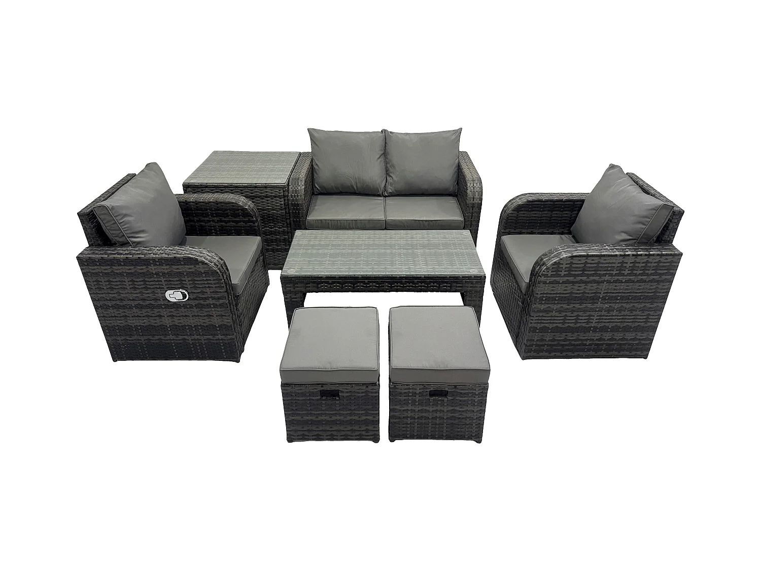 6-Sitzer Rattan Lounge Sofa Set Gartenmöbel-Set mit Rechteckiger Couchtisch Love Sofa Beistelltisch 2 kleine Fußhockern Dunkelgrau Gemischt