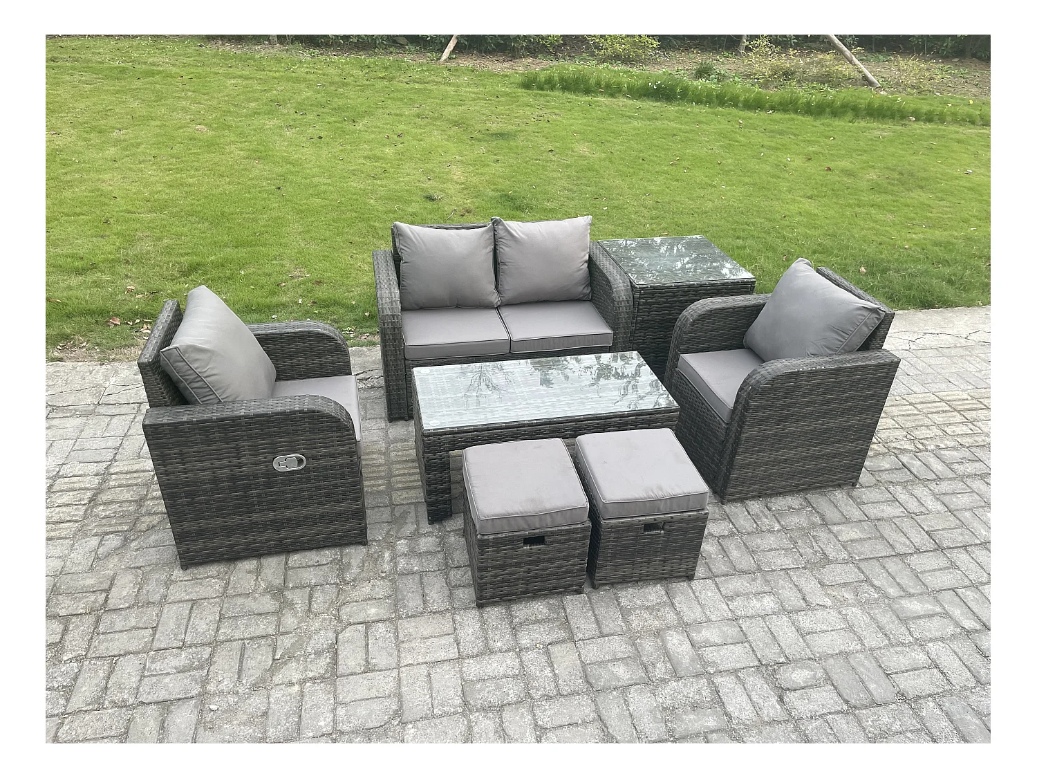 6-Sitzer Rattan Lounge Sofa Set Gartenmöbel-Set mit Rechteckiger Couchtisch Love Sofa Beistelltisch 2 kleine Fußhockern Dunkelgrau Gemischt