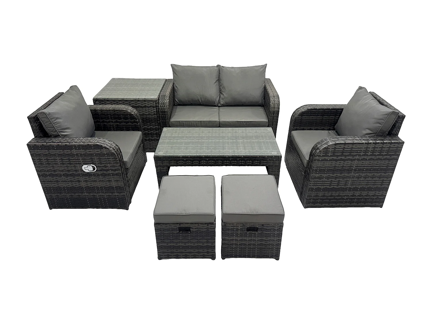 6-Sitzer Rattan Lounge Sofa Set Gartenmöbel-Set mit Rechteckiger Couchtisch Love Sofa Beistelltisch 2 kleine Fußhockern Dunkelgrau Gemischt