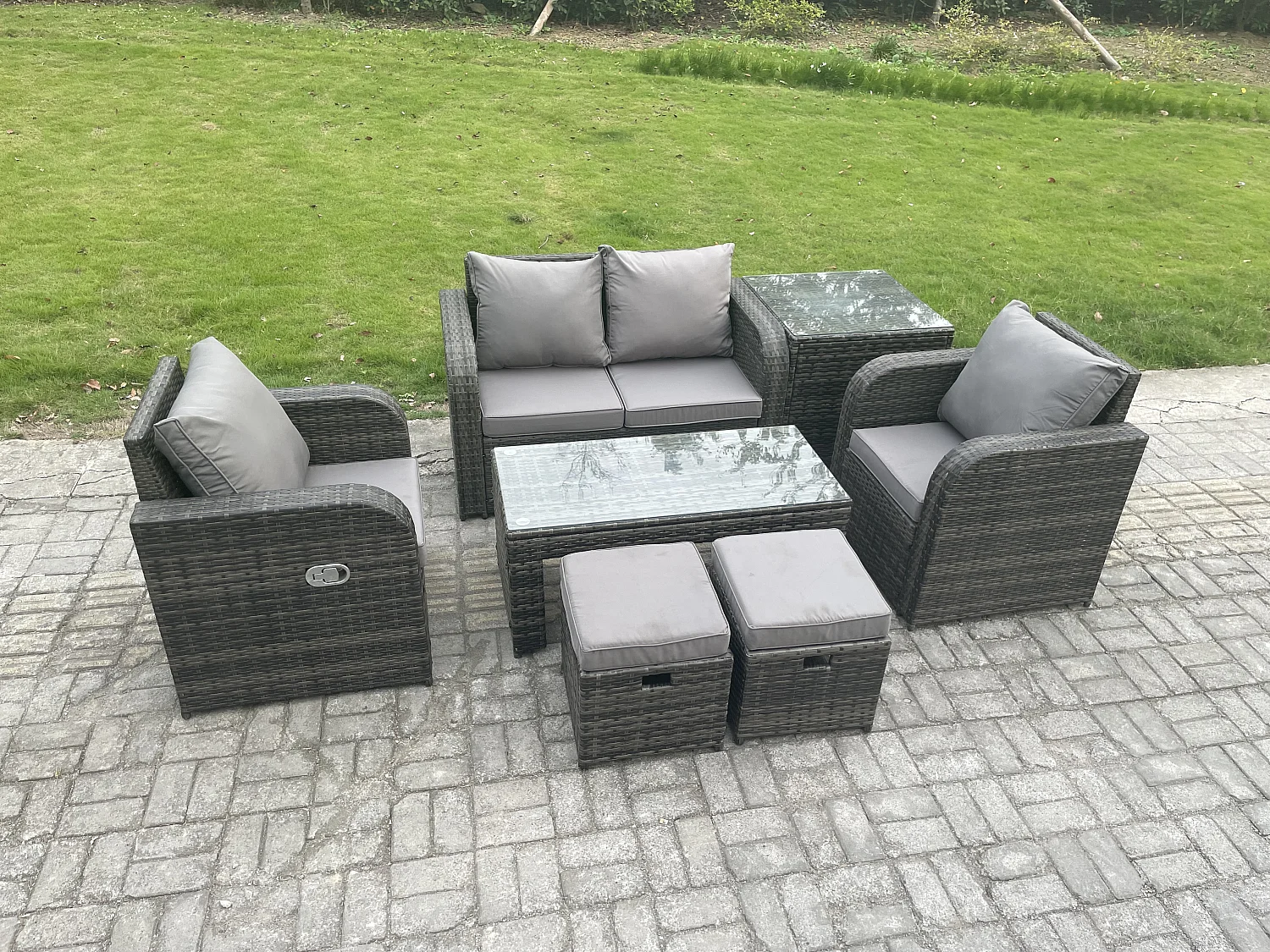 6-Sitzer Rattan Lounge Sofa Set Gartenmöbel-Set mit Rechteckiger Couchtisch Love Sofa Beistelltisch 2 kleine Fußhockern Dunkelgrau Gemischt