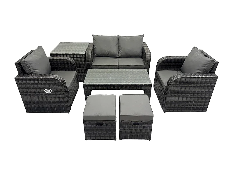 6-Sitzer Rattan Lounge Sofa Set Gartenmöbel-Set mit Rechteckiger Couchtisch Love Sofa Beistelltisch 2 kleine Fußhockern Dunkelgrau Gemischt