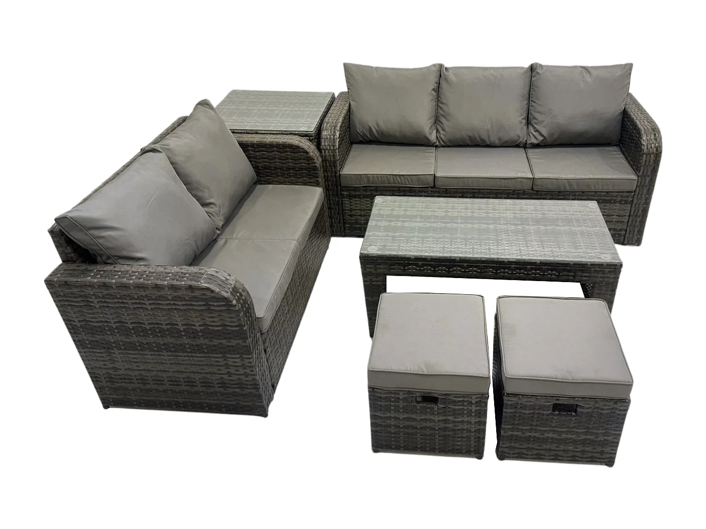 Polyrattan Gartenmöbelset Garten Lounge Set mit Rechteckiger Couchtisch Beistelltisch 2 kleine Fußhockern Dunkelgrau Gemischt