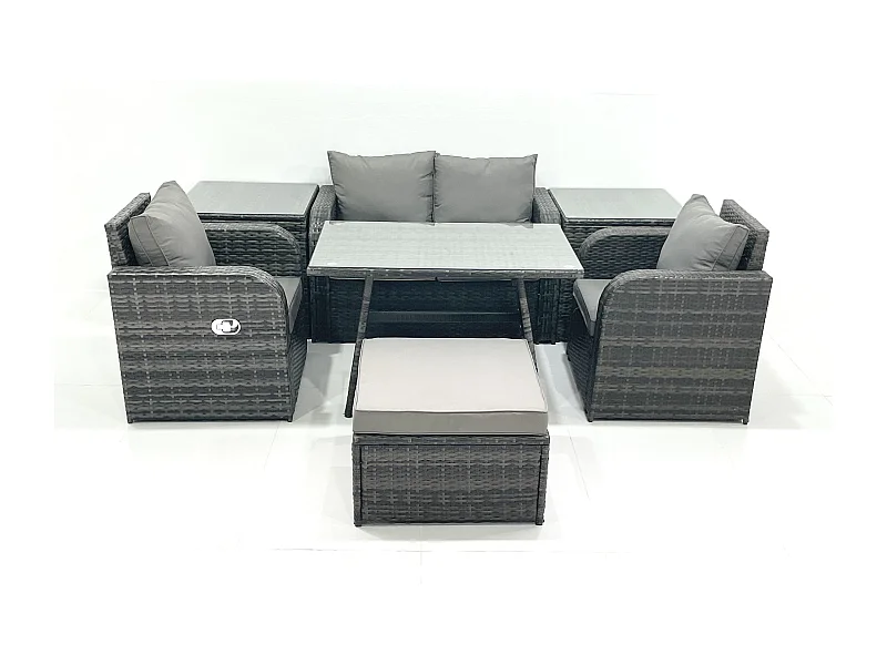 Gartenmöbel-Set Rattan Sofa Esstisch Set mit Liegestühle 2 Beistelltischen 2 Großer Hockern Dunkelgrau Gemischt