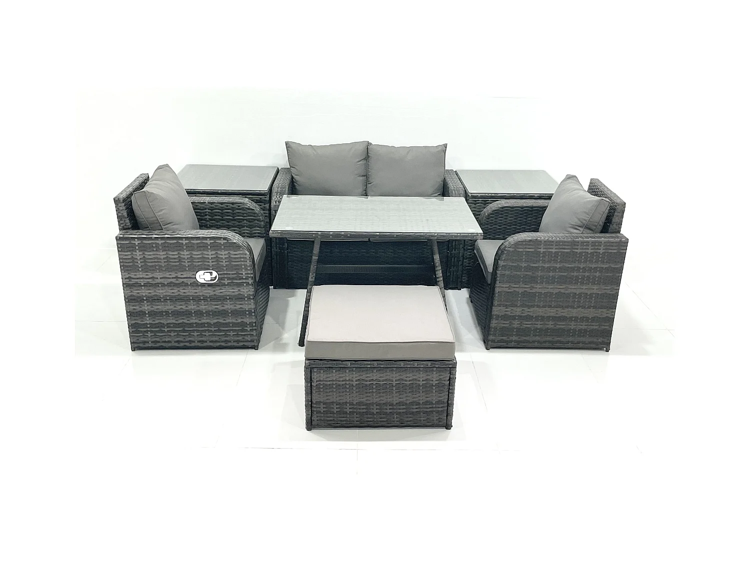 Ensemble de meubles de jardin en polyrotin Rattan Canapé avec Table à manger Chaise inclinable 2 Tables d'appoint Grand tabouret Gris foncé mixte