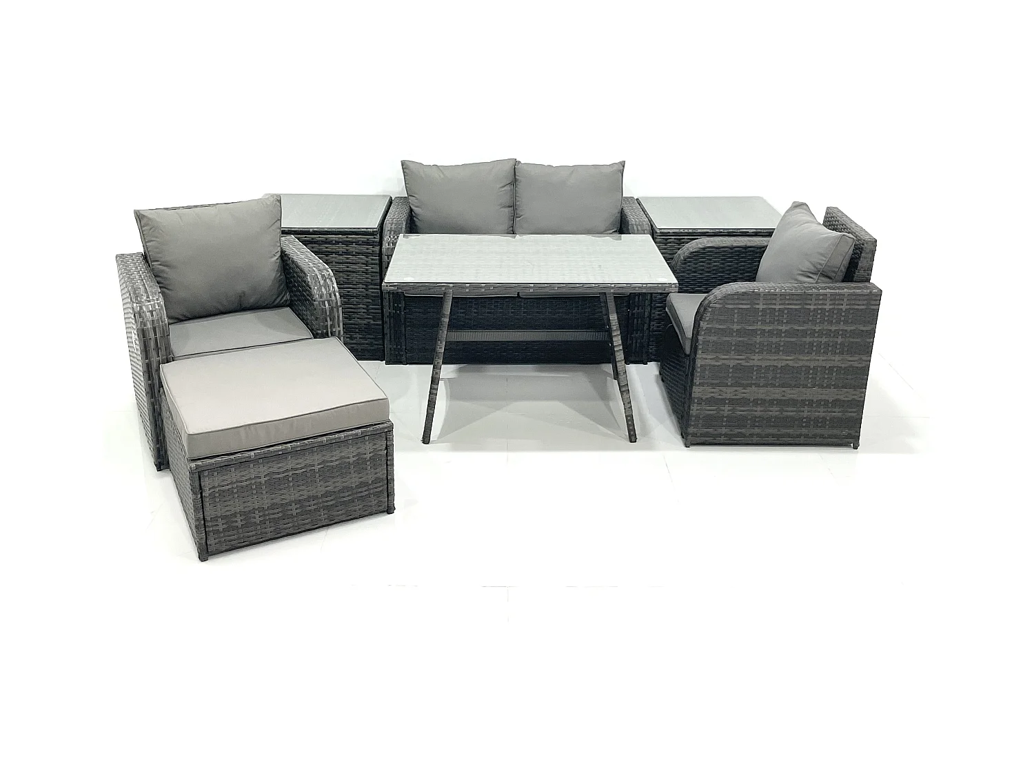 Ensemble de meubles de jardin en polyrotin Rattan Canapé avec Table à manger Chaise inclinable 2 Tables d'appoint Grand tabouret Gris foncé mixte