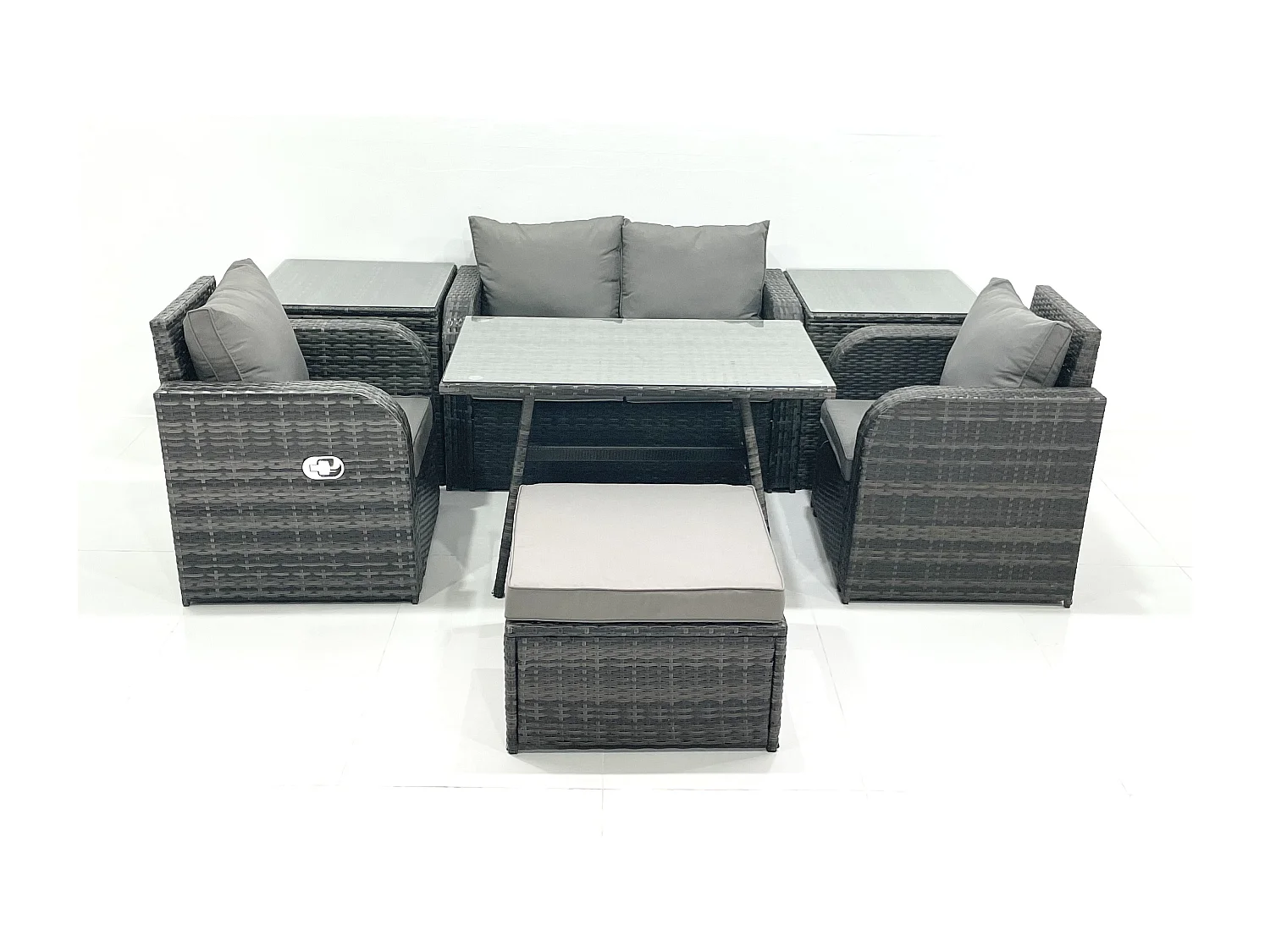 Gartenmöbel-Set Rattan Sofa Esstisch Set mit Liegestühle 2 Beistelltischen 2 Großer Hockern Dunkelgrau Gemischt