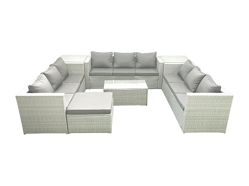 Ensemble de meubles de jardin en rotin 10 places avec Canapé de jardin Table basse Grand tabouret 2 Tables d'appoint Gris clair mixte