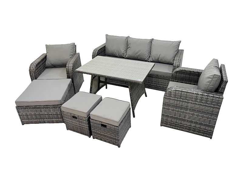 8-Sitzer Hoher Rücken Rattan Gartenmöbel Sets mit Rechteckiger Esstisch Liegestühle 3-Sitzer Sofa 3 Hockern