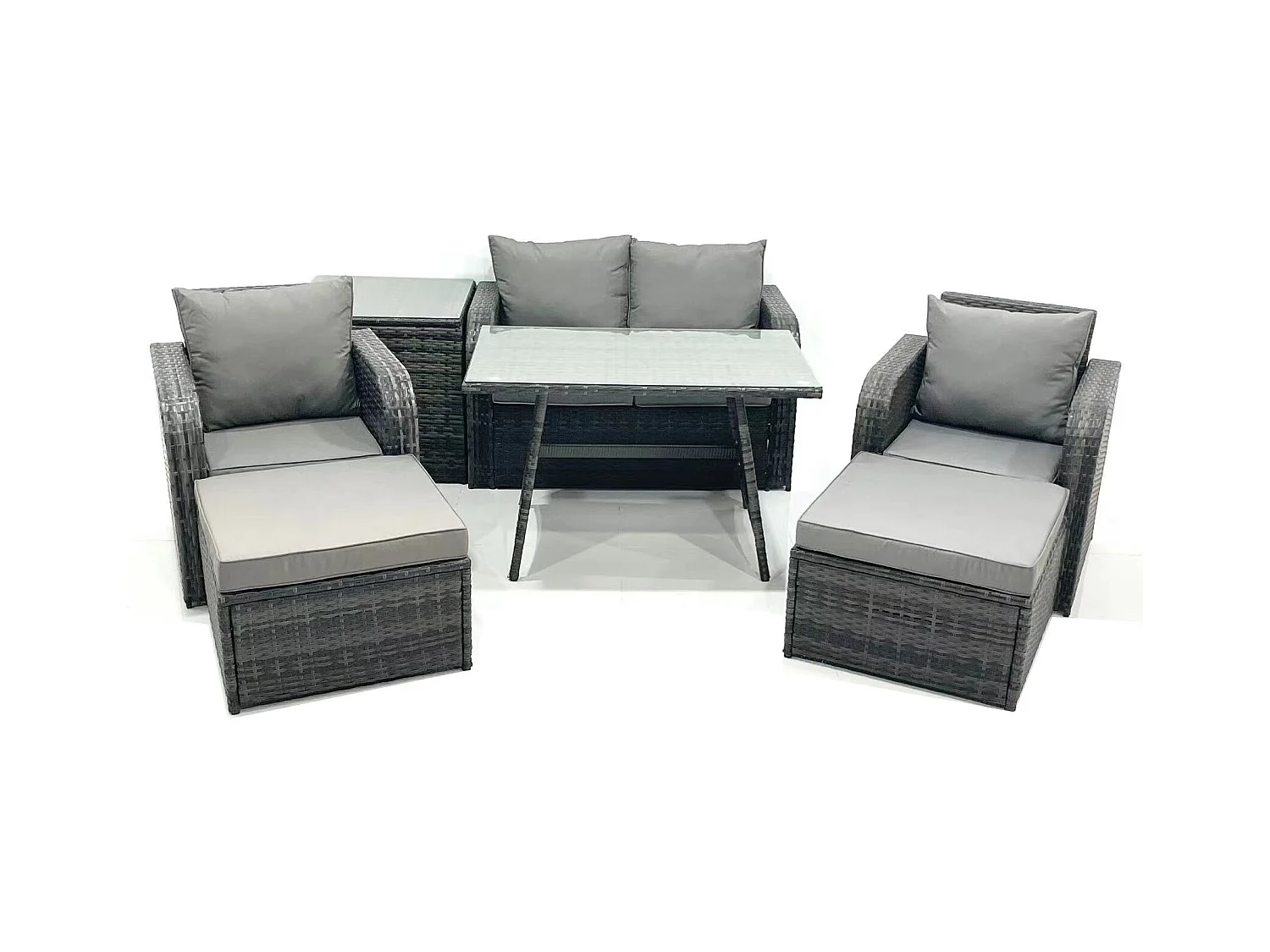 Gartenmöbel-Set Rattan Sofa Esstisch Set mit Liegestühle 2 hohen Hockern Beistelltisch Dunkelgrau Gemischt