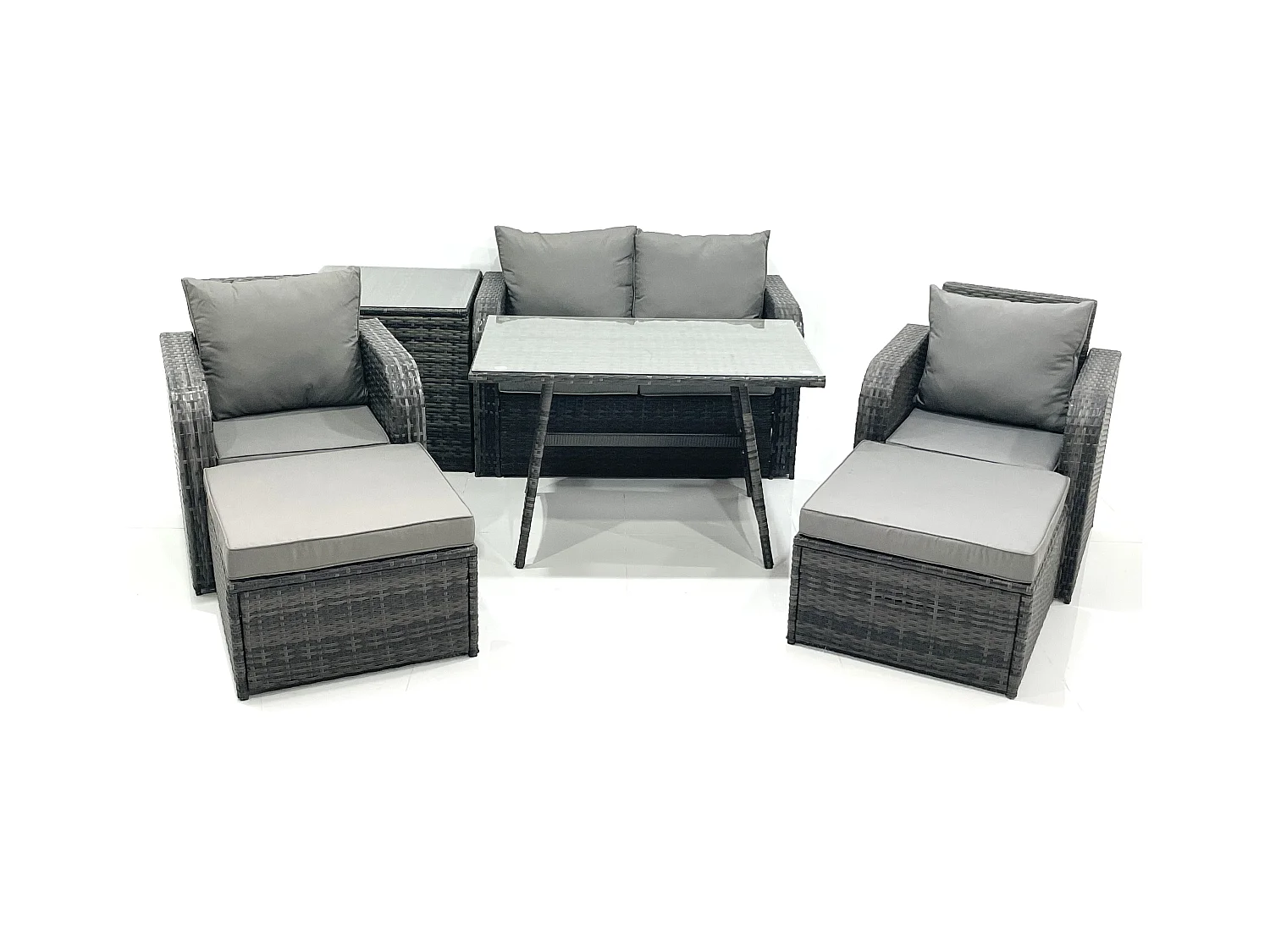 Gartenmöbel-Set Rattan Sofa Esstisch Set mit Liegestühle 2 hohen Hockern Beistelltisch Dunkelgrau Gemischt