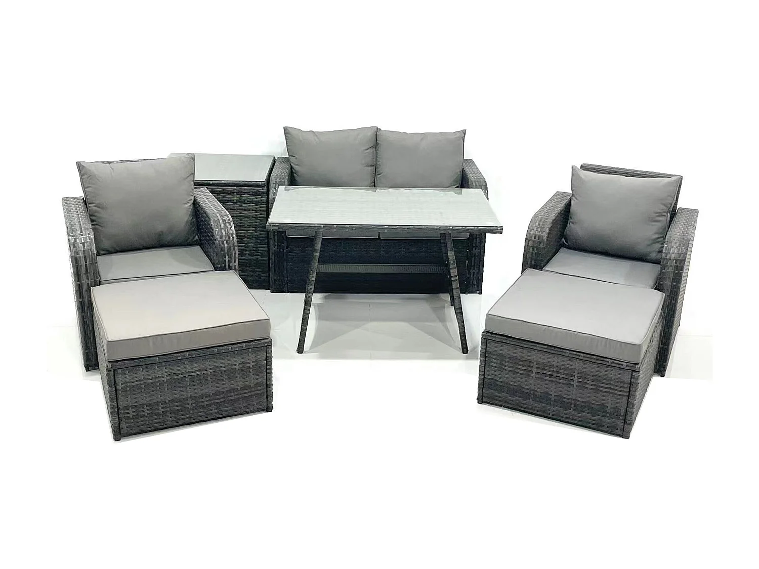 Gartenmöbel-Set Rattan Sofa Esstisch Set mit Liegestühle 2 hohen Hockern Beistelltisch Dunkelgrau Gemischt