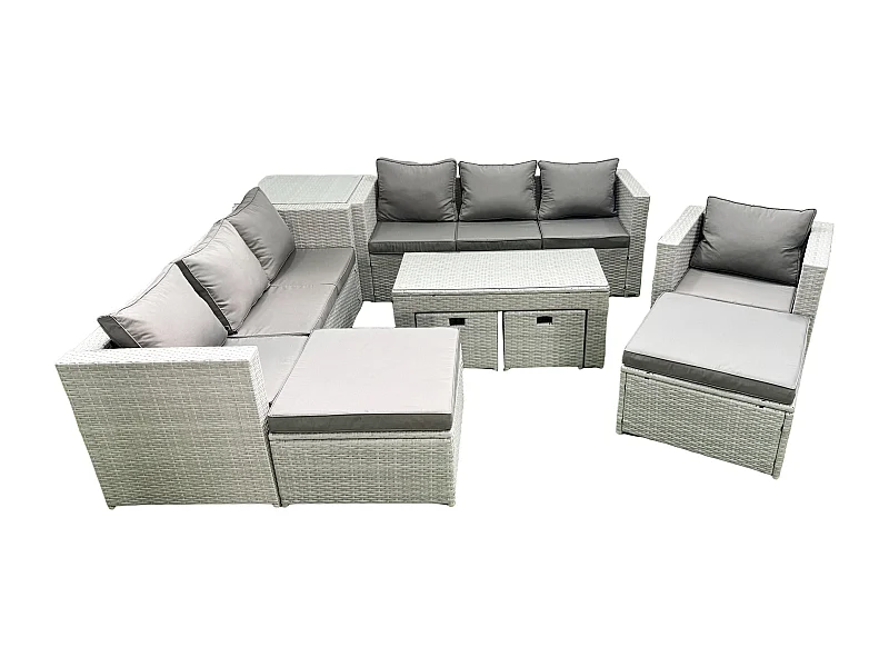 Salon de Jardin Ensemble avec Coussins gris 10 places avec Fauteuil,Table basse et Table d'appoint