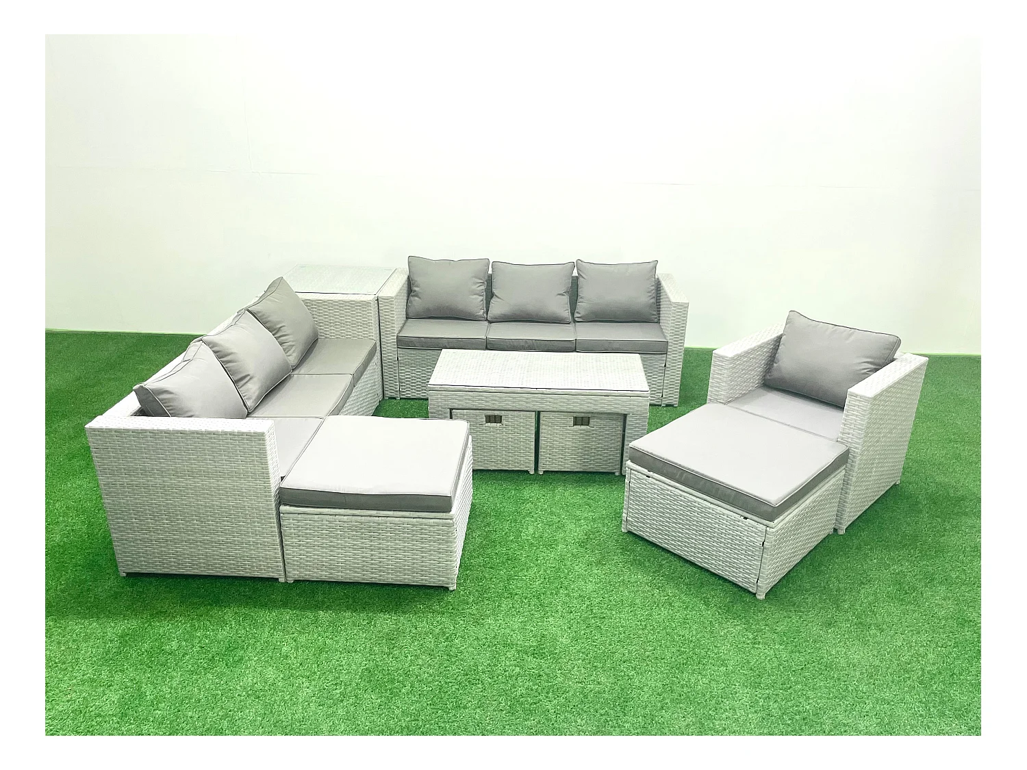 Salon de Jardin Ensemble avec Coussins gris 10 places avec Fauteuil,Table basse et Table d'appoint