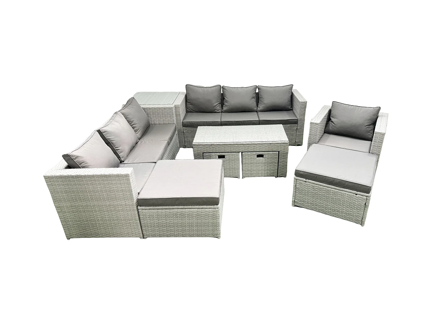 Polyrattan Gartenmöbelset mit Graue Kissen 10-Sitzer mit Sessel,Couchtisch und Beistelltisch