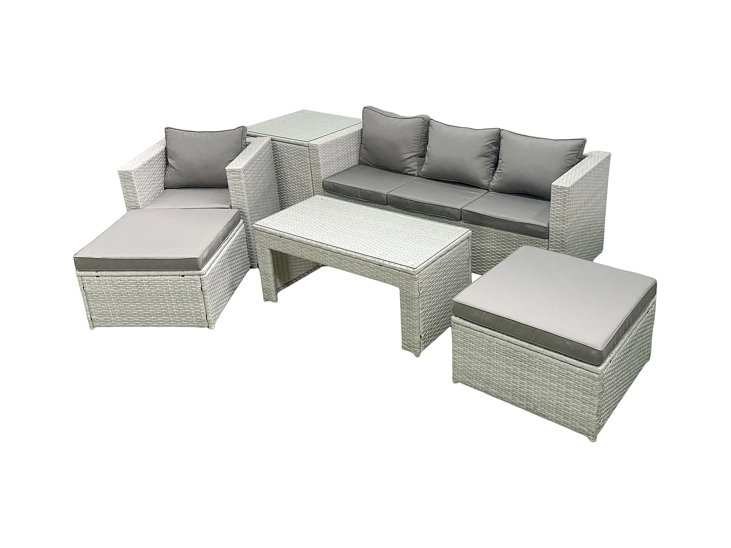 Salon de Jardin Ensemble avec Coussins gris 6 places avec 2 Grand tabourets et Table basse,Table d'appoint