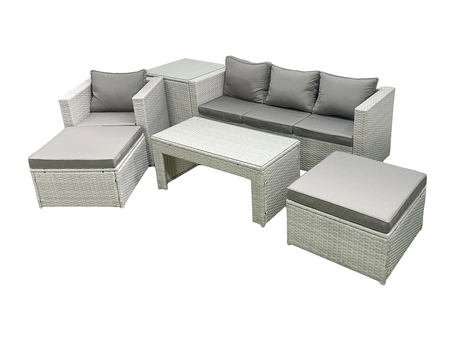 Salon de Jardin Ensemble avec Coussins gris 6 places avec 2 Grand tabourets et Table basse,Table d'appoint