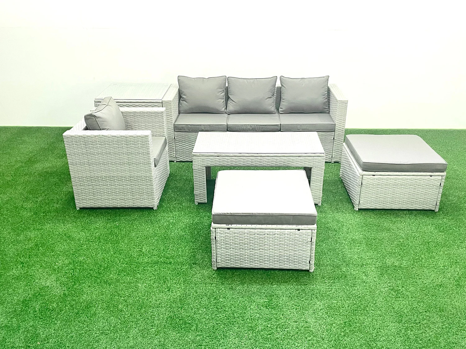 Salon de Jardin Ensemble avec Coussins gris 6 places avec 2 Grand tabourets et Table basse,Table d'appoint