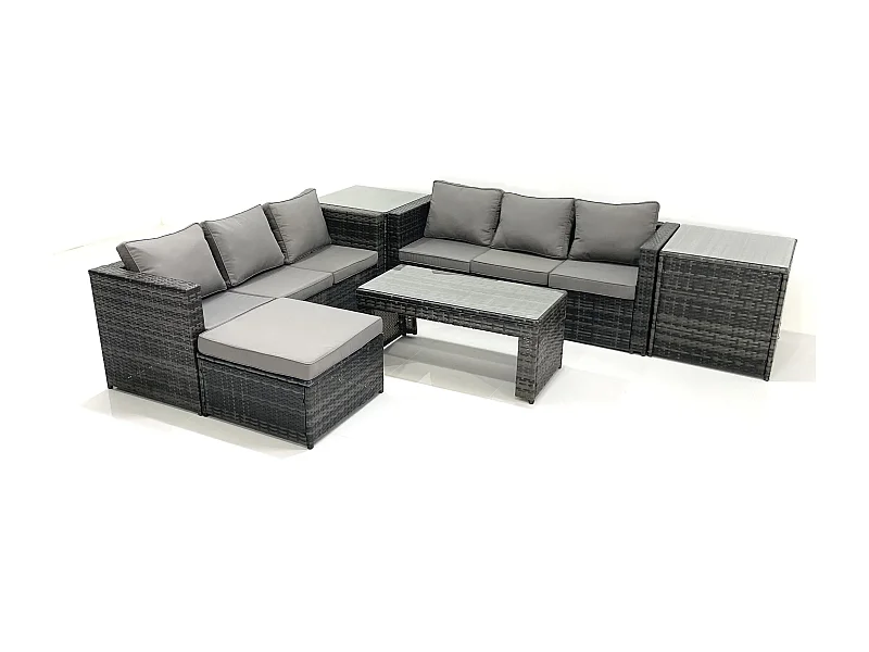 Salon de Jardin Extérieur avec Canapé Table basse Grand tabouret 2 Tables d'appoint Gris foncé mixte