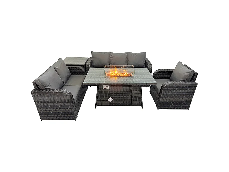 Ensemble Salon de Jardin Extérieur en polyrotin Table de foyer à gaz et Canapé Fauteuil avec Table d'appoint