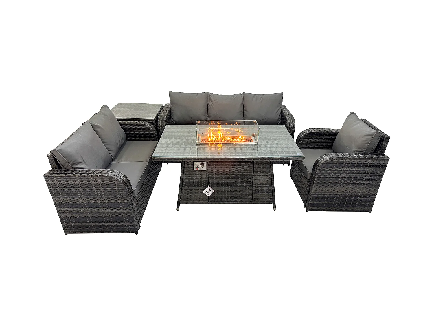 Ensemble Salon de Jardin Extérieur en polyrotin Table de foyer à gaz et Canapé Fauteuil avec Table d'appoint