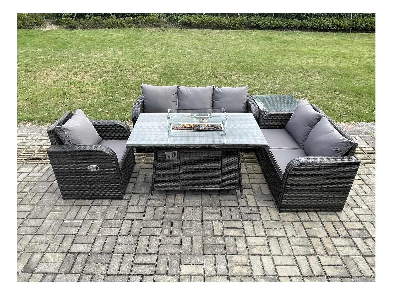 Ensemble Salon de Jardin Extérieur en polyrotin Table de foyer à gaz et Canapé Fauteuil avec Table d'appoint