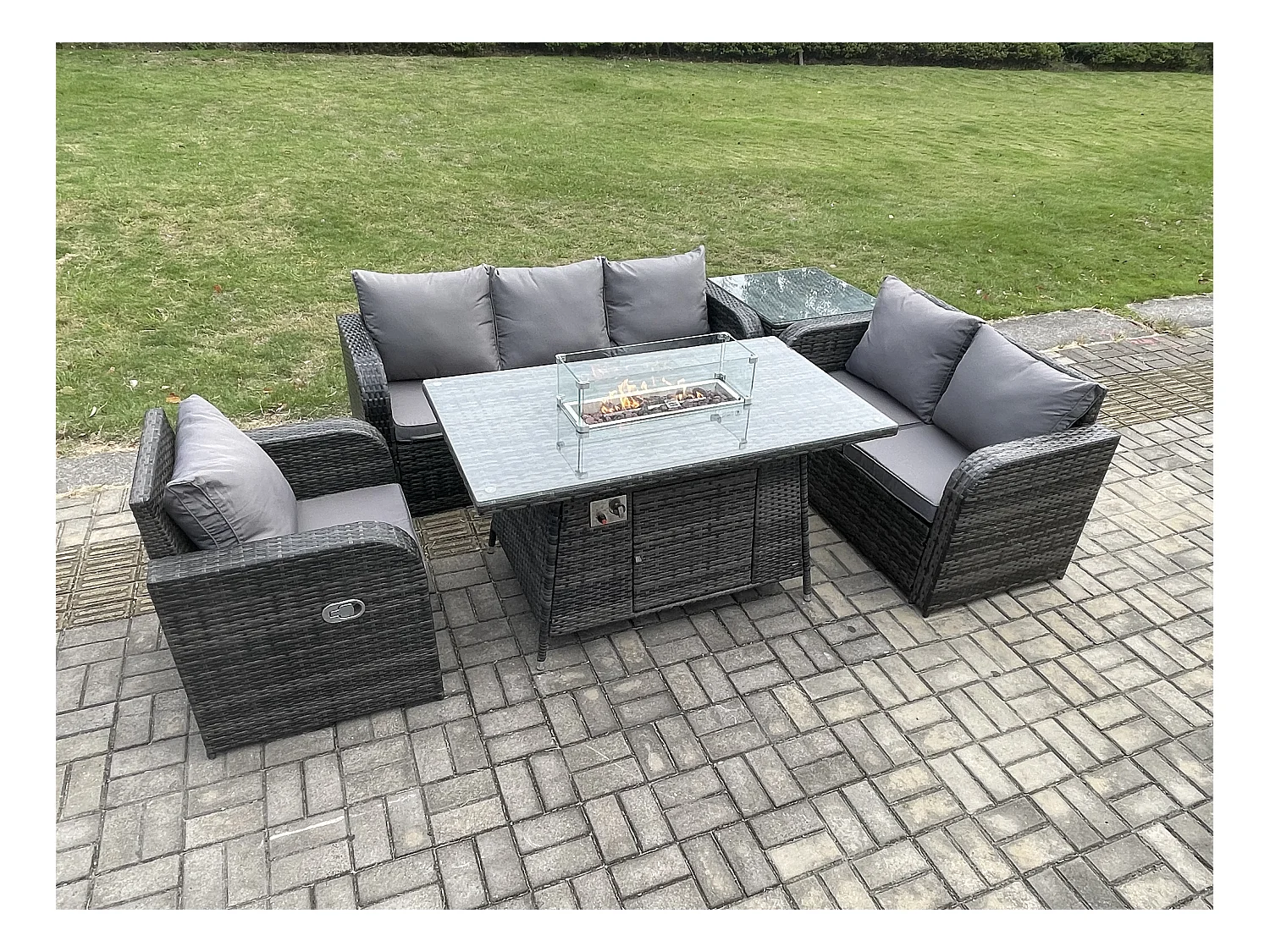 Ensemble Salon de Jardin Extérieur en polyrotin Table de foyer à gaz et Canapé Fauteuil avec Table d'appoint