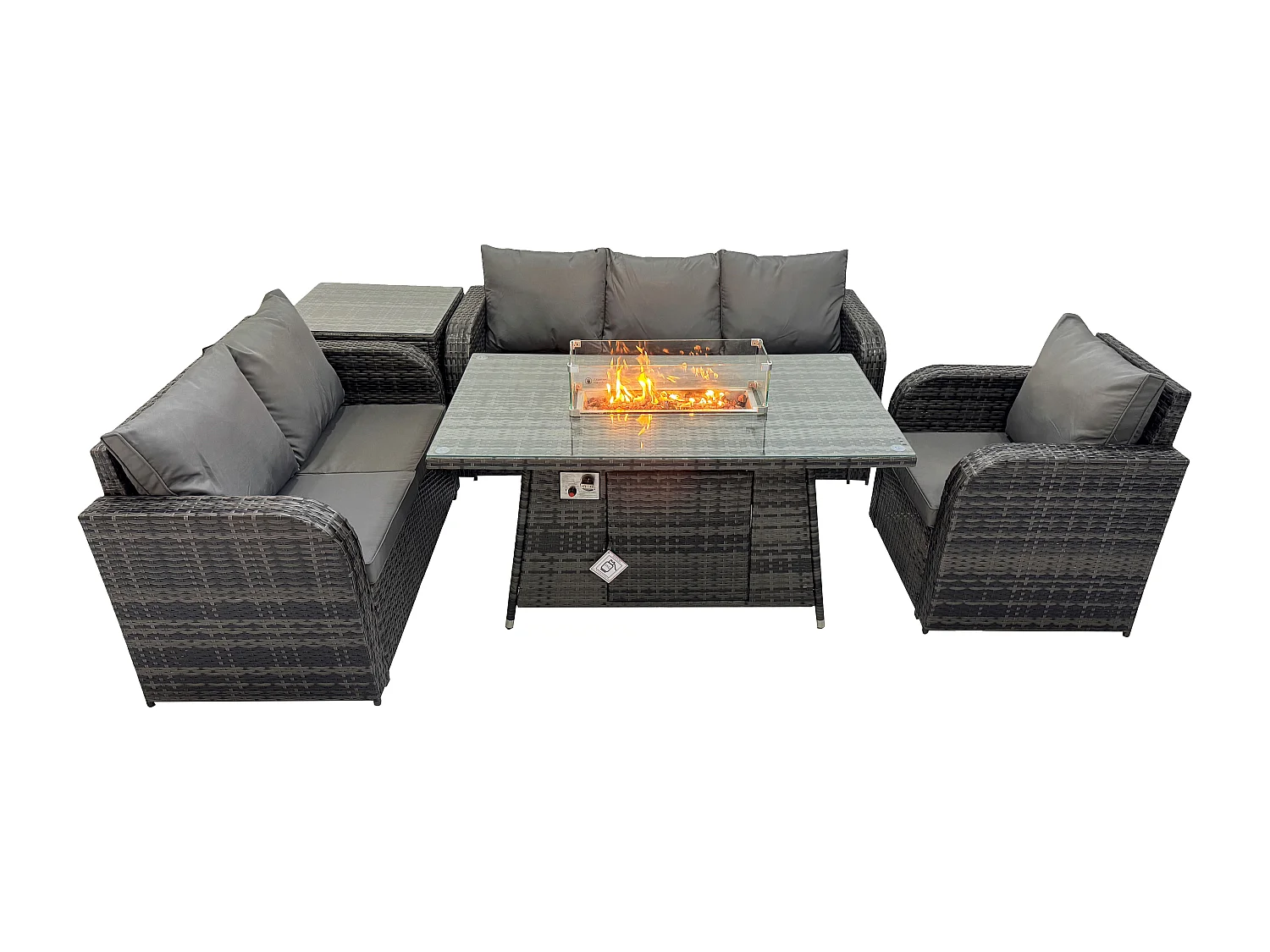 Ensemble Salon de Jardin Extérieur en polyrotin Table de foyer à gaz et Canapé Fauteuil avec Table d'appoint