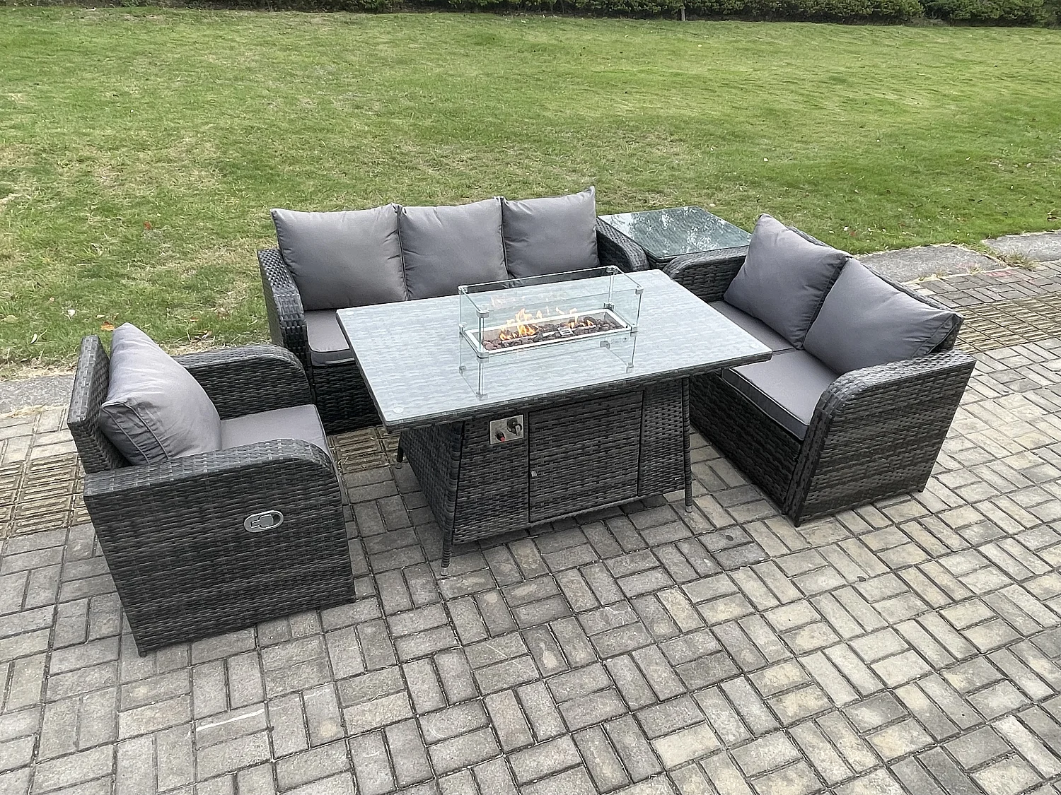 Ensemble Salon de Jardin Extérieur en polyrotin Table de foyer à gaz et Canapé Fauteuil avec Table d'appoint