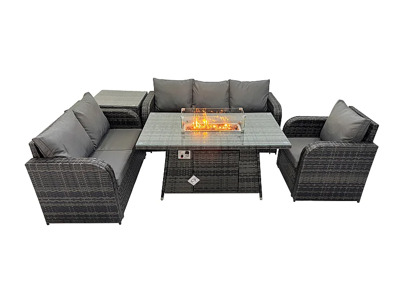 Ensemble Salon de Jardin Extérieur en polyrotin Table de foyer à gaz et Canapé Fauteuil avec Table d'appoint