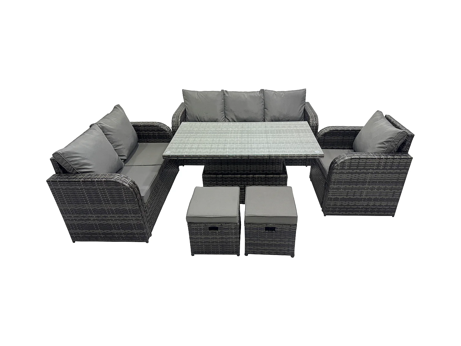 Rattan Gartenmöbel im Freien Patio höhenverstellbarer Tisch Liegestühle Sofa mit 2 kleine Fußhockern Dunkelgrau Gemischt