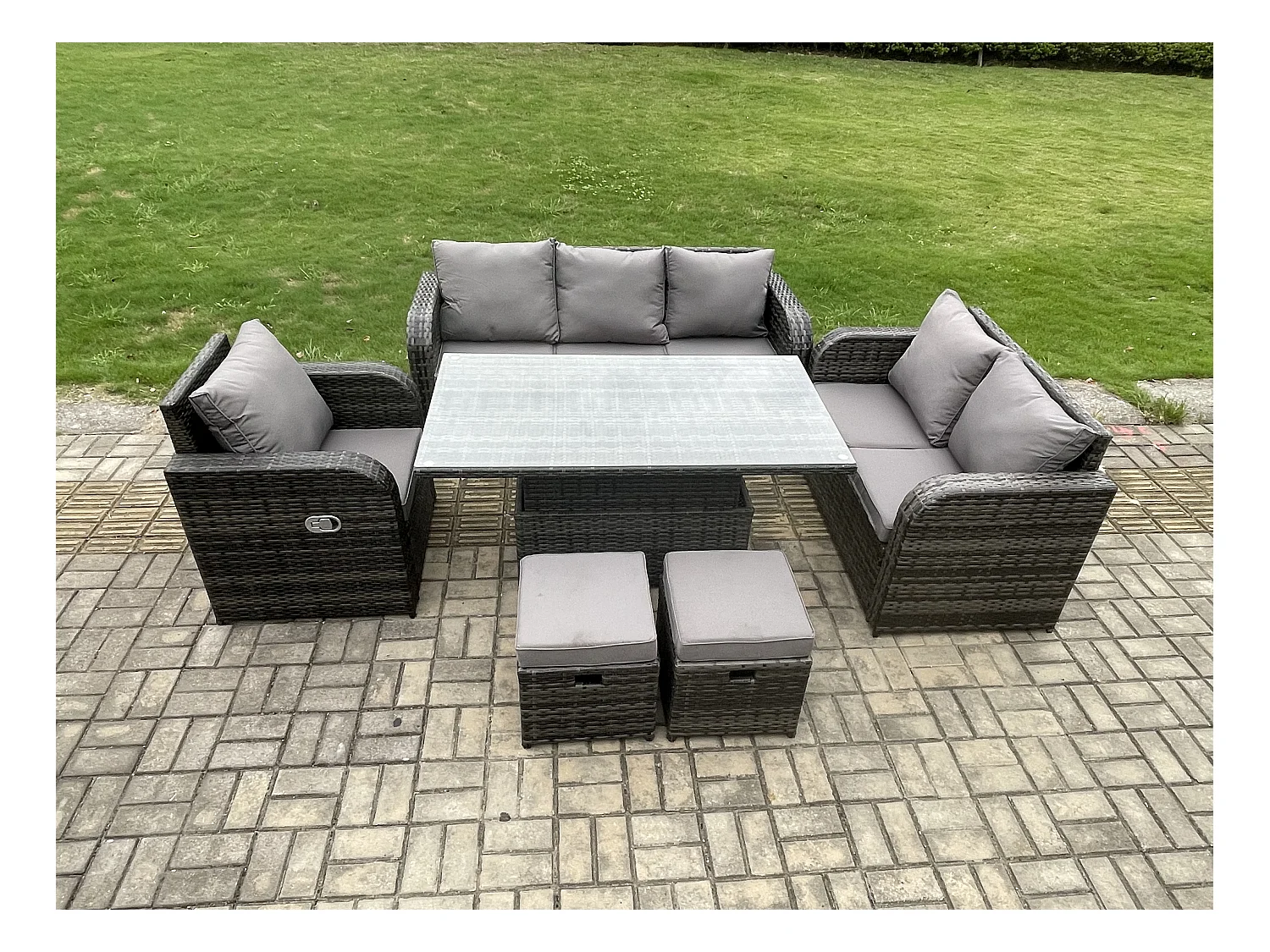 Rattan Gartenmöbel im Freien Patio höhenverstellbarer Tisch Liegestühle Sofa mit 2 kleine Fußhockern Dunkelgrau Gemischt
