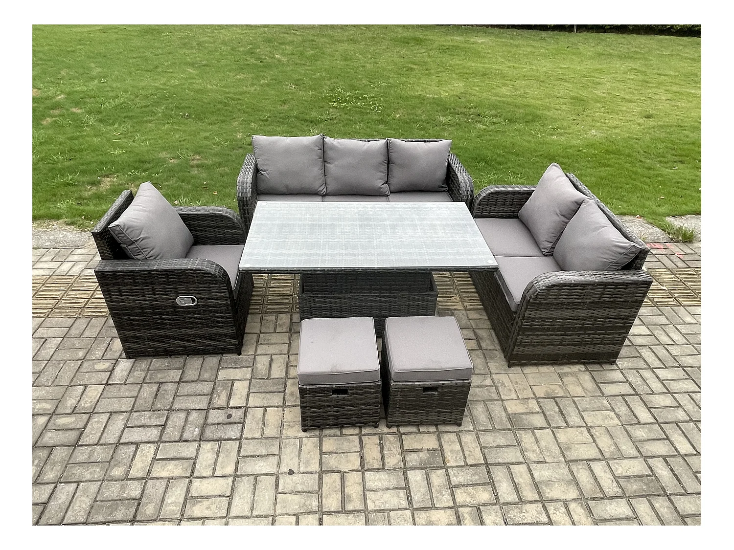 Rattan Gartenmöbel im Freien Patio höhenverstellbarer Tisch Liegestühle Sofa mit 2 kleine Fußhockern Dunkelgrau Gemischt