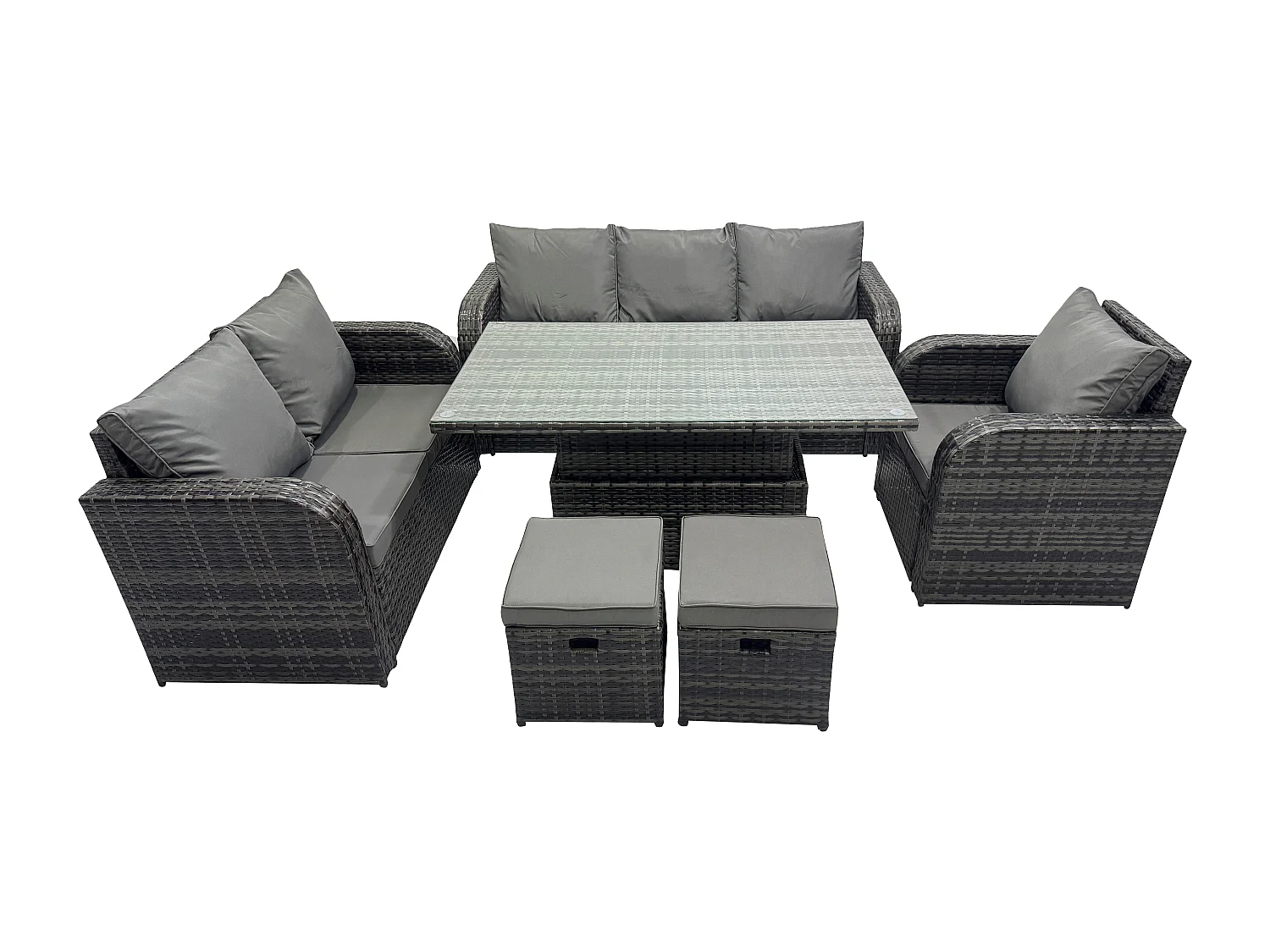 Rattan Gartenmöbel im Freien Patio höhenverstellbarer Tisch Liegestühle Sofa mit 2 kleine Fußhockern Dunkelgrau Gemischt