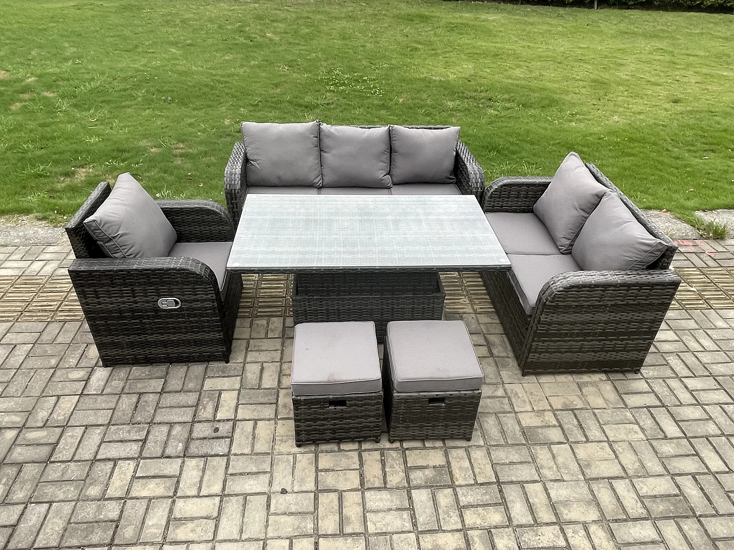 Rattan Gartenmöbel im Freien Patio höhenverstellbarer Tisch Liegestühle Sofa mit 2 kleine Fußhockern Dunkelgrau Gemischt