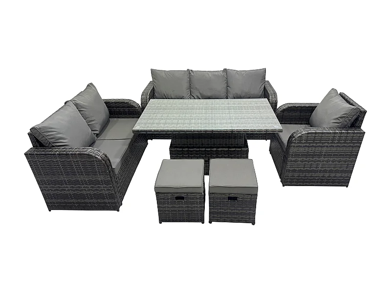 Salon de Jardin en Résine Ensemble Repas de Jardin Exterieur Table à manger réglable en hauteur Chaise inclinable Canapé avec 2 Petits tabourets Gris foncé mixte