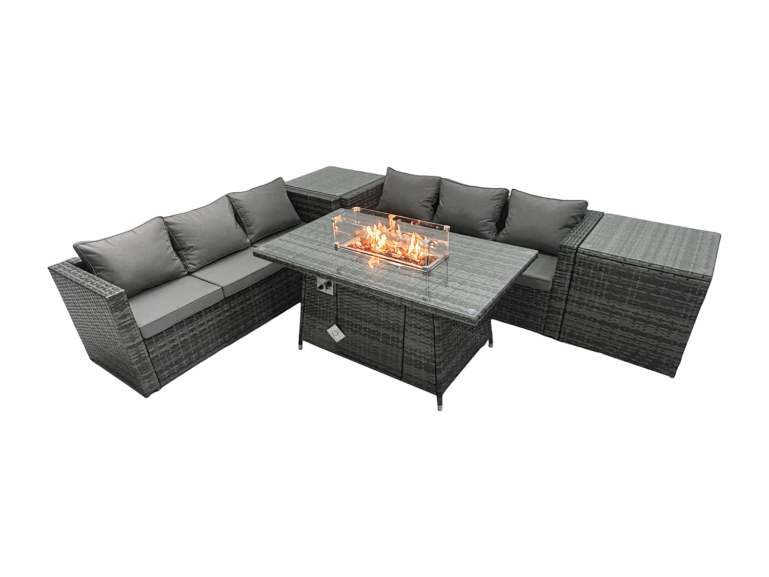 Rattan Gartenmöbel Set 6-Sitzer Garten Sofa Gas Feuertisch Set mit 2 Beistelltischen