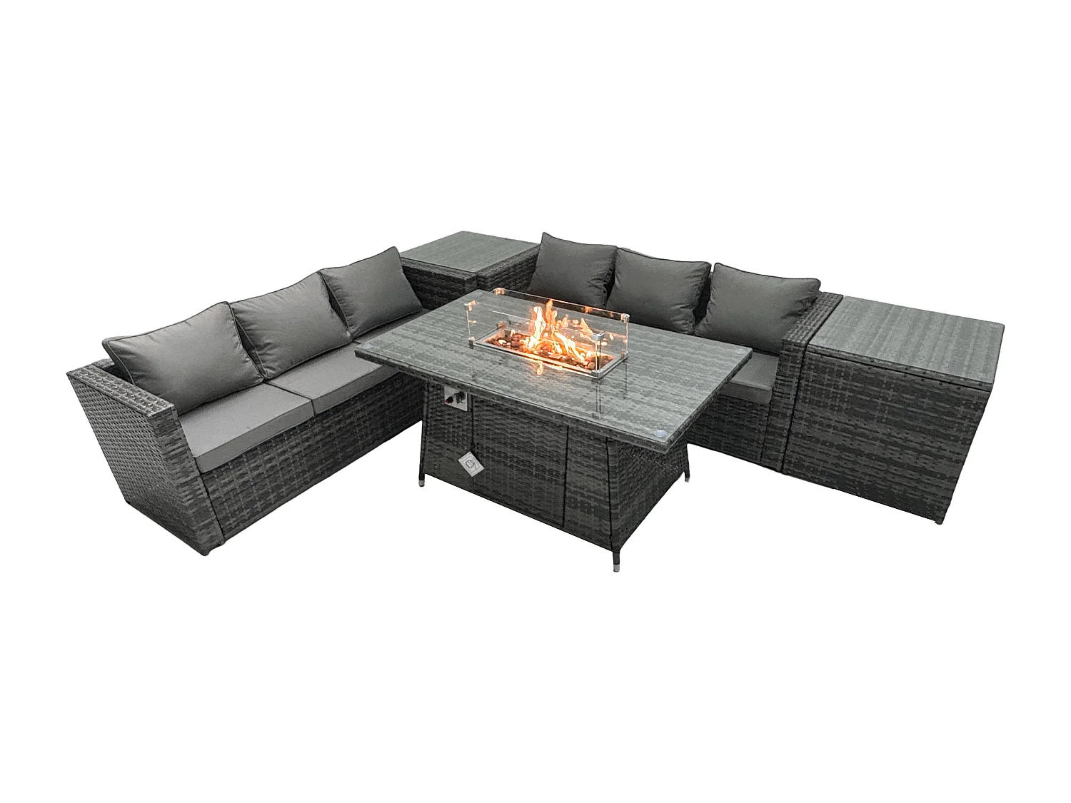 Rattan Gartenmöbel Set 6-Sitzer Garten Sofa Gas Feuertisch Set mit 2 Beistelltischen
